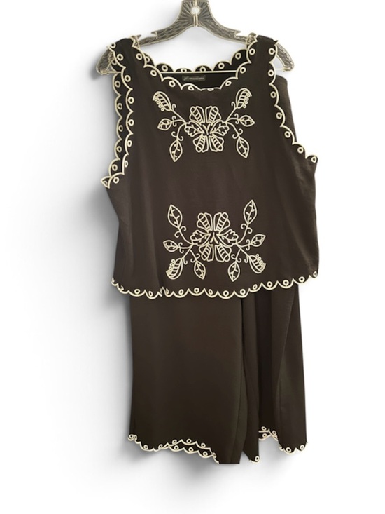 Adrianna Papell Dresses & Skirts - Embroidered Sleeveless Cotton Top and Pants Set in Black with Cream Stitching